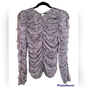 ZARA Lilac Semi-Sheer Floral Ruched Long-sleeve Top Sz XS